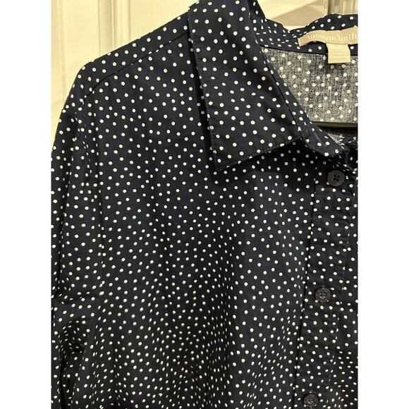 Woman Within Navy White Polka Dot Button Down Shirt 1X Long Sleeve Collared Top - Picture 4 of 10
